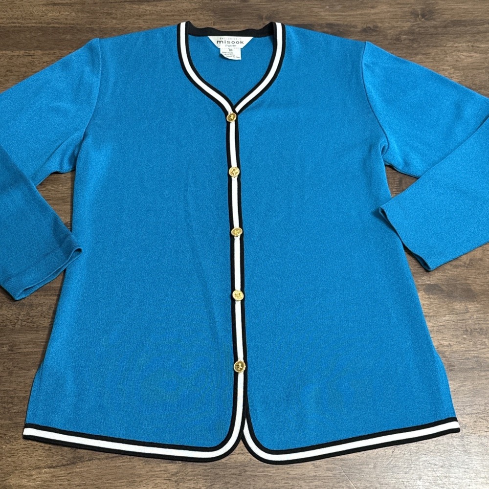 Exclusively Misook Cardigan Jacket Womens Size XS Teal Blue/Green Gold Buttons